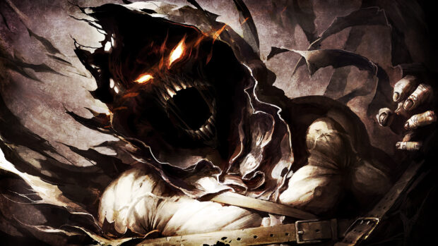 A disturbed creature with glowing eyes and sharp teeth is emerging in a dark and chaotic scene, HD Desktop Wallpaper