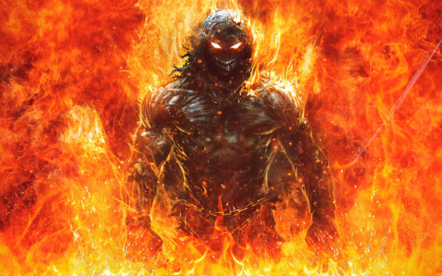 A monstrous figure engulfed in flames with glowing eyes illustrates disturbed wallpapers, 2K Desktop Wallpaper