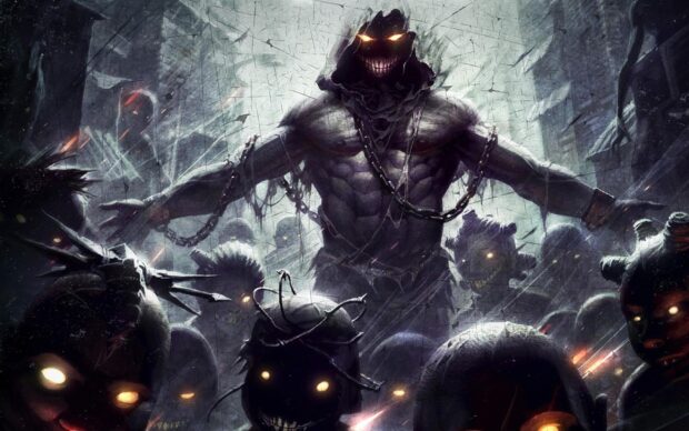 A dark figure with glowing eyes stands among disturbed creatures in a haunting scene, 2K Desktop Wallpaper