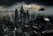 A futuristic city skyline displays towering skyscrapers and flying vehicles under a stormy sky at night, 4K Desktop Wallpaper