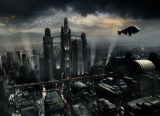 A futuristic city skyline displays towering skyscrapers and flying vehicles under a stormy sky at night, 4K Desktop Wallpaper