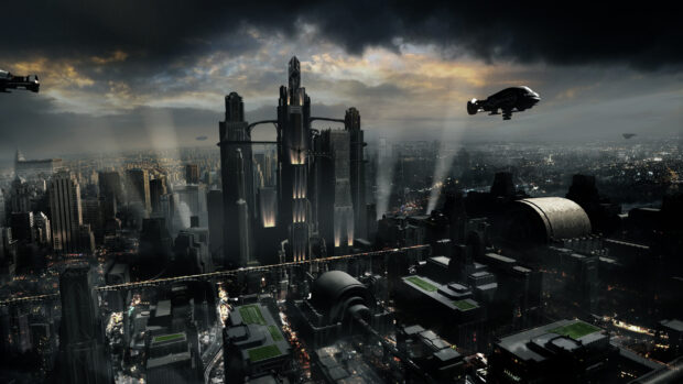 A futuristic city skyline displays towering skyscrapers and flying vehicles under a stormy sky at night, 4K Desktop Wallpaper