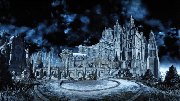 Một khung cảnh tối tăm và u ám của kiến ​​trúc Gothic trưng bày những tòa nhà bằng đá chi tiết dưới bầu trời nhiều mây, Hình nền máy tính 4K