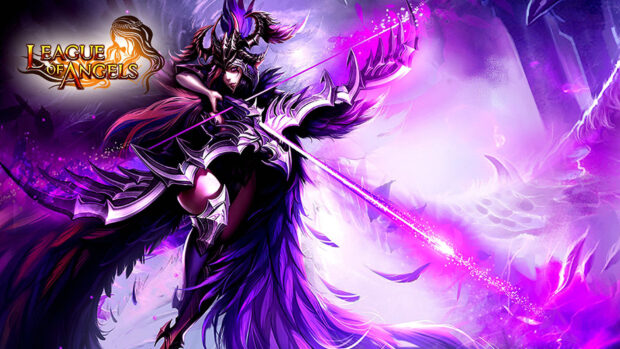 A dark archer with glowing purple bow drawn ready to shoot in League Of Angels, HD Desktop Wallpaper