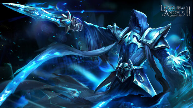 A dark armored warrior wields a glowing sword surrounded by blue energy in League Of Angels Wallpapers, HD Desktop Wallpaper