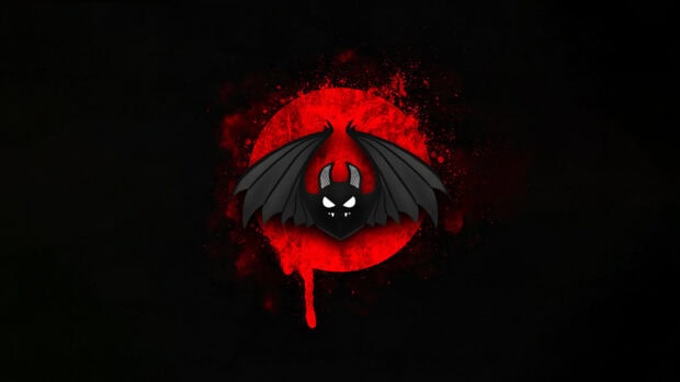A dark bat icon with spread wings in front of a red moon, 4K Desktop Wallpaper
