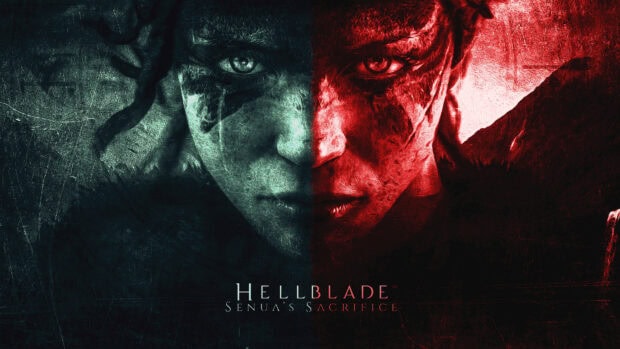 A dark dual faced character from Hellblade is shown with intense expressions and contrasting colors, 4K Desktop Wallpaper