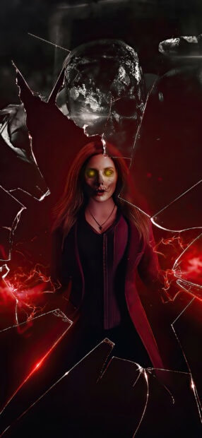 A dark figure with glowing eyes stands behind shattered glass in the What If Wallpapers design, 2K Phone Wallpaper