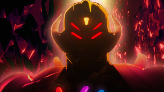 A dark futuristic warrior with glowing red eyes stands amid red glowing crystals in What If Wallpapers, HD Desktop Wallpaper