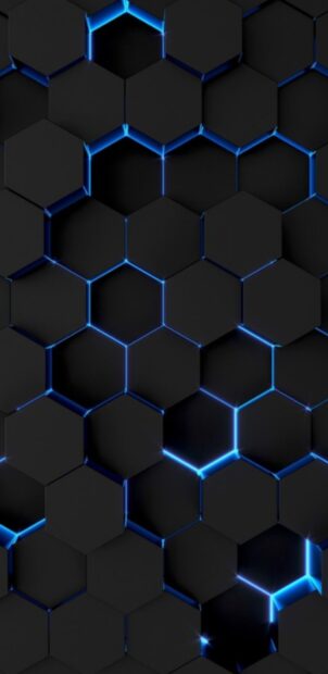 A pattern of dark honeycomb hexagons illuminated by blue glowing light, HD Mobile Wallpaper