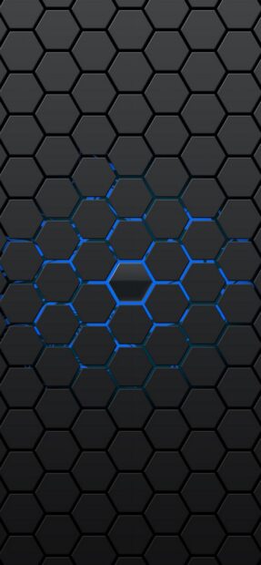 A dark honeycomb pattern features glowing blue light details in the center hexagons, 2K Phone Wallpaper