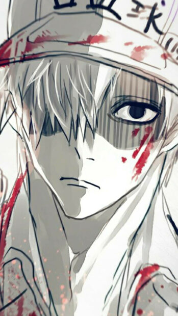 The image shows a serious character with bloodstains from Cells At Work Code Black Wallpapers, HD Phone Wallpaper