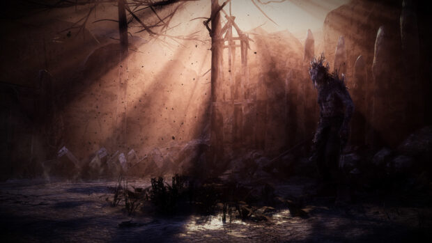 A dark mysterious figure is standing in an eerie forest with sunlight breaking through the trees in Hellblade Wallpapers