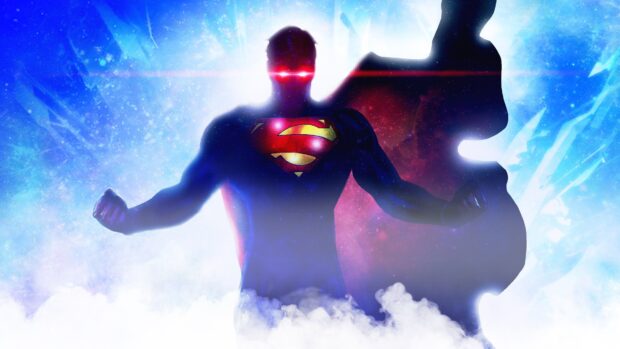 A super hero with glowing eyes stands ready for battle in a misty environment, 4K Desktop Wallpaper