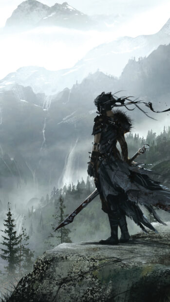The Hellblade character stands with sword in hand on a cliff, HD Mobile Wallpaper