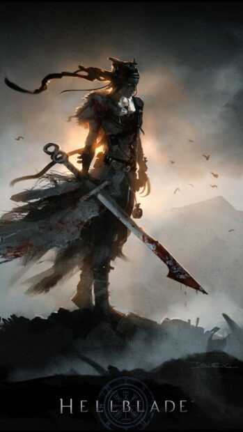 A dark warrior stands with a bloodied sword in the misty landscape from Hellblade wallpapers