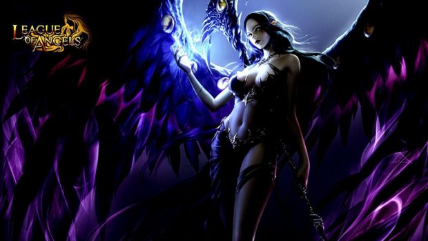 A dark winged character with glowing eyes stands with purple energy in League Of Angels, HD Desktop Wallpaper