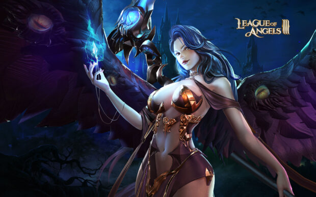 A dark winged sorceress wields magical power in the fantasy world of League Of Angels Wallpapers, HD Desktop Wallpaper
