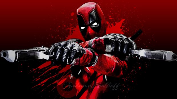 Deadpool in red suit aiming two guns with a splattered red background, 4K Desktop Wallpaper