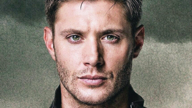 Close up portrait of Dean Winchester with intense green eyes and short hair