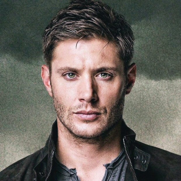 Dean Winchester close up portrait with green eyes and stubble beard