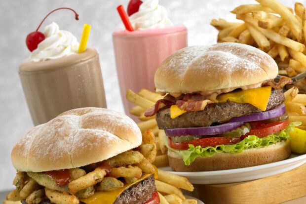 Two burgers and fries with milkshakes show classic fast food and french fries wallpapers, 2K Desktop Wallpaper