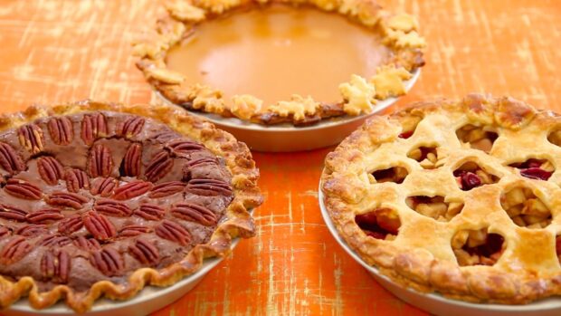 Three different pie desserts featuring pecan, custard, and fruit fillings, HD Desktop Wallpaper