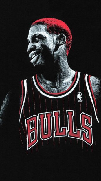 Dennis Rodman artwork with red hair wearing a Bulls jersey on a black background