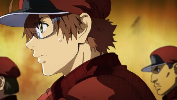 The red cell character from Cells At Work Code Black appears focused and determined during a tense moment, HD Desktop Wallpaper