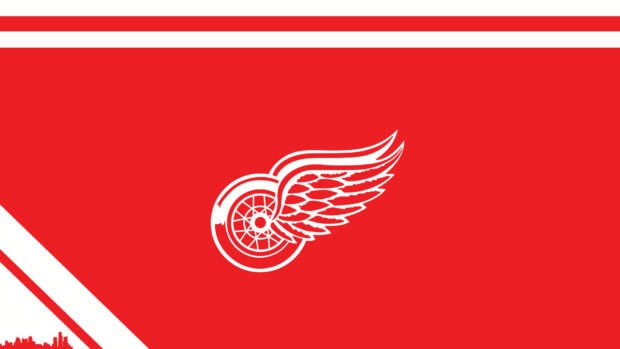 Detroit Red Wings logo with a winged wheel on a red background