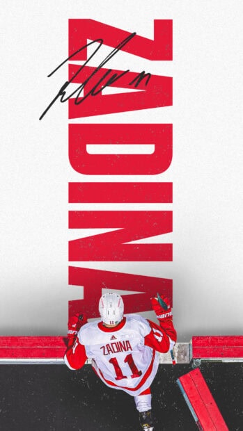 Hockey player Zadina in Detroit Red Wings jersey on ice rink