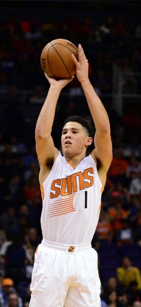 Devin Booker is focused taking a shot during a basketball game, 2K Mobile Wallpaper