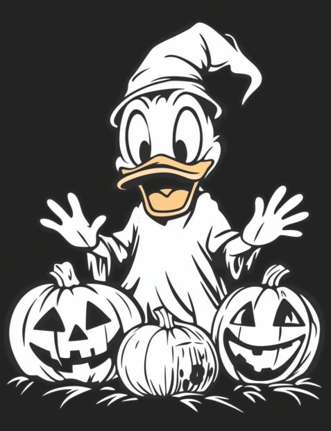 Donald Duck in a ghost costume tries to be spooky for Disney Halloween