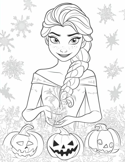 Queen Elsa uses her ice powers to celebrate a magical Disney Halloween with pumpkins