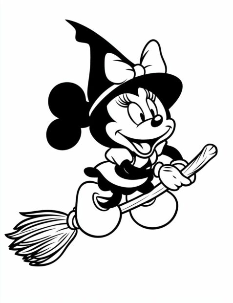 Minnie Mouse as a witch flies on her broom for a magical Disney Halloween