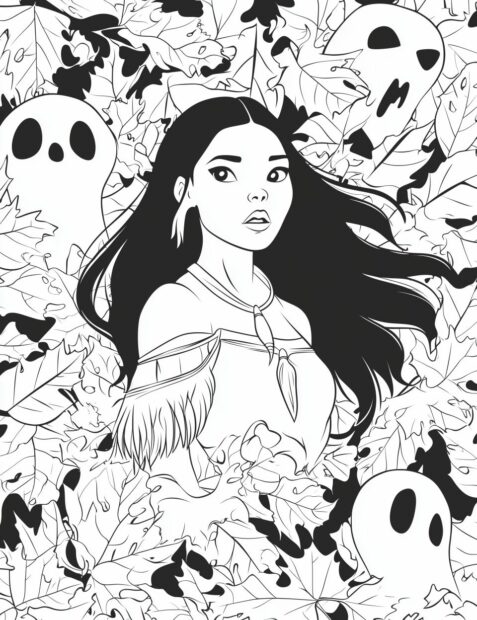 Pocahontas is surrounded by falling leaves and friendly ghosts for Disney Halloween
