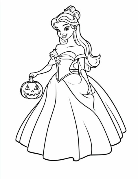Princess Belle celebrates Disney Halloween holding a jack o' lantern