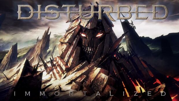 Disturbed immortalized art design with a dark menacing figure in a ruined landscape, HD Desktop Wallpaper