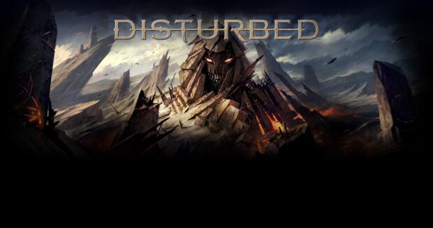 Disturbed features a stone monstrous face with glowing eyes in a dark landscape, HD Desktop Wallpaper