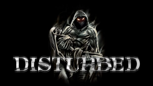 A disturbed figure with glowing eyes holds a skeleton in a dark eerie setting, HD Desktop Wallpaper