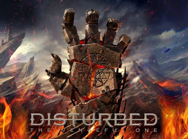 A fiery metal hand with symbols rises amidst destruction in disturbed wallpapers, HD Desktop Wallpaper