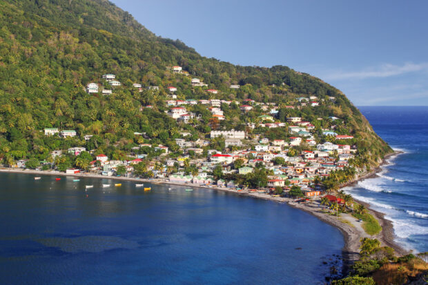 A panoramic view of Dominica Island shows a coastal village surrounded by lush greenery and blue ocean, HD Desktop Wallpaper