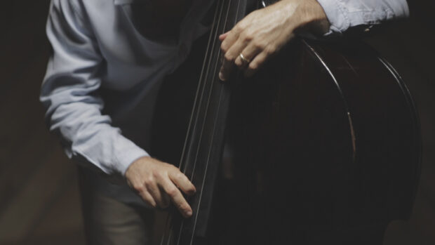 A musician's hands playing double bass strings in a dim setting, HD Desktop Wallpaper