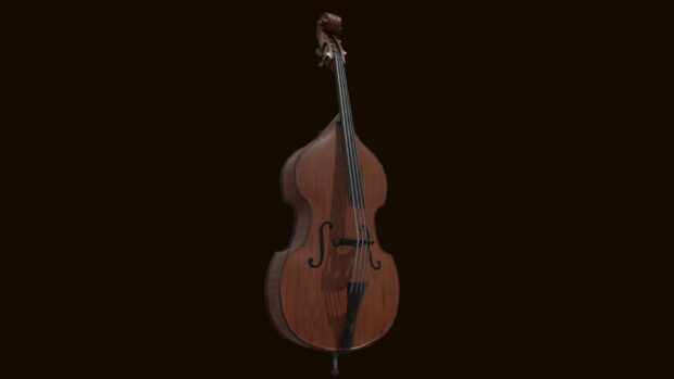 A detailed double bass is shown isolated against a dark background highlighting its wooden texture, HD Desktop Wallpaper