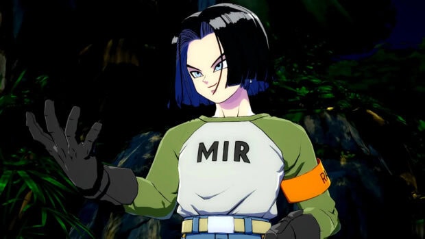 Android 17 stands confidently in a forest wearing a MIR shirt and orange armband, HD Desktop Wallpaper