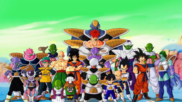 A group of Dragon Ball Z Abridged characters posing together in a green sky background, 4K Desktop Wallpaper