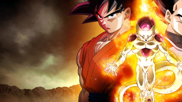 Goku and Frieza are shown with energy aura in a dramatic setting, HD Desktop Wallpaper