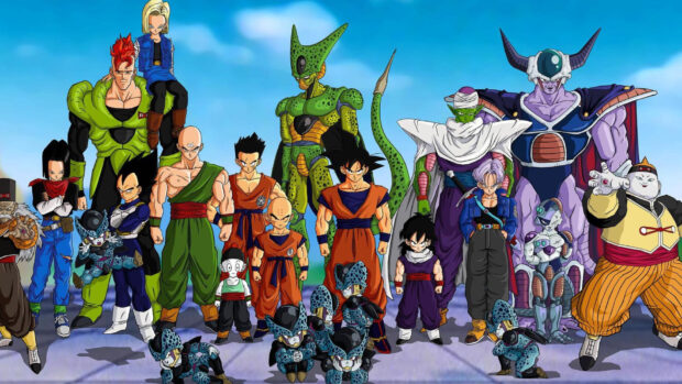 The Dragon Ball Z Abridged characters stand together under a clear blue sky in a group pose, HD Desktop Wallpaper