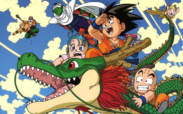Dragon Ball Z Abridged characters riding a dragon in a bright sky scene, 2K Desktop Wallpaper