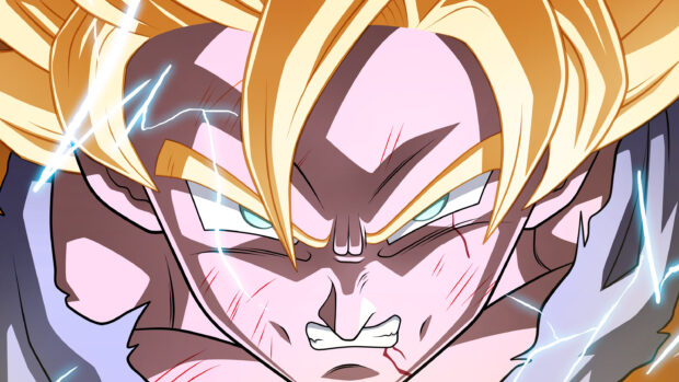 Goku faces fierce battle with glowing energy and scratches, 2K Desktop Wallpaper